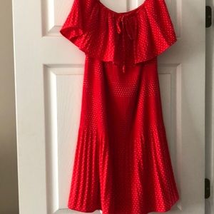 Red and white polka dot off the shoulder dress